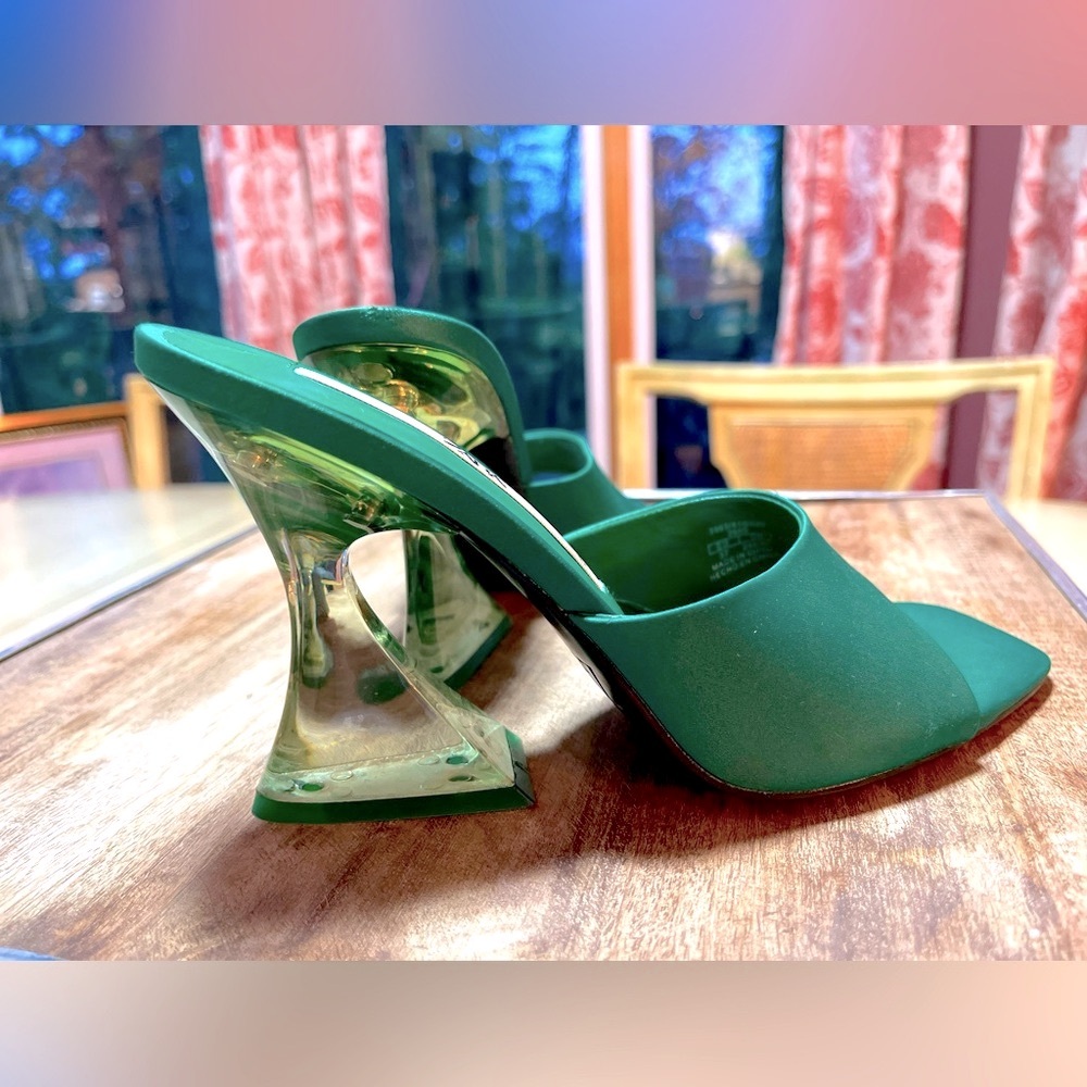 Zara Emerald Green Open-Toe Mules with Clear Sculpted Heel